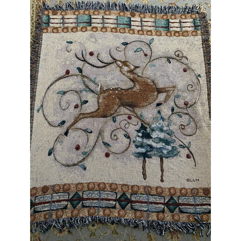 Cheri Blum Leaping Deer Tapestry‎ Throw Blanket Afghan 58x48 Cotton Reversible